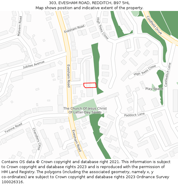 303, EVESHAM ROAD, REDDITCH, B97 5HL: Location map and indicative extent of plot