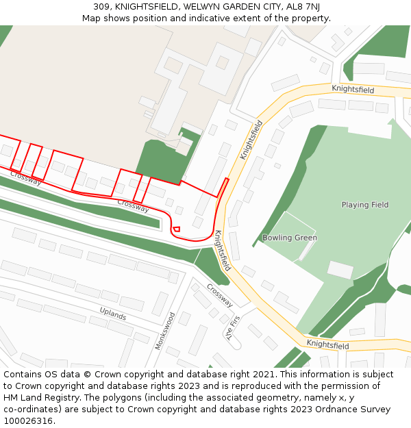 309, KNIGHTSFIELD, WELWYN GARDEN CITY, AL8 7NJ: Location map and indicative extent of plot