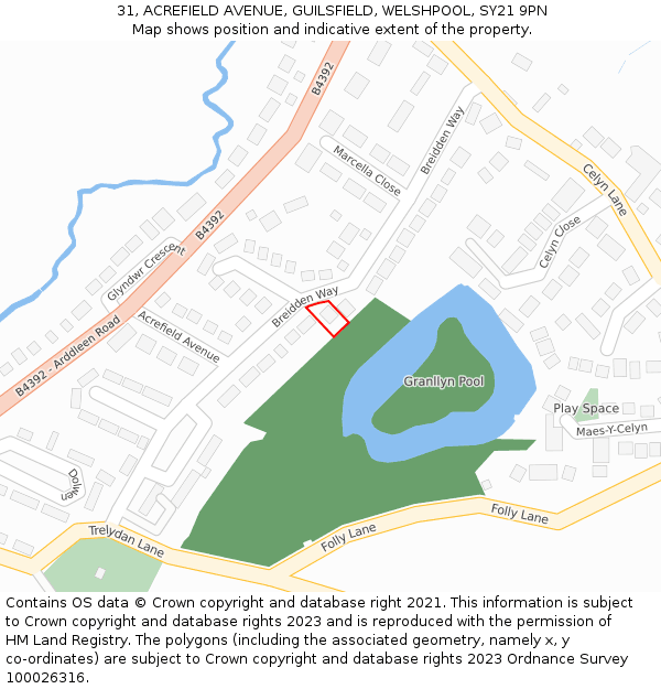 31, ACREFIELD AVENUE, GUILSFIELD, WELSHPOOL, SY21 9PN: Location map and indicative extent of plot