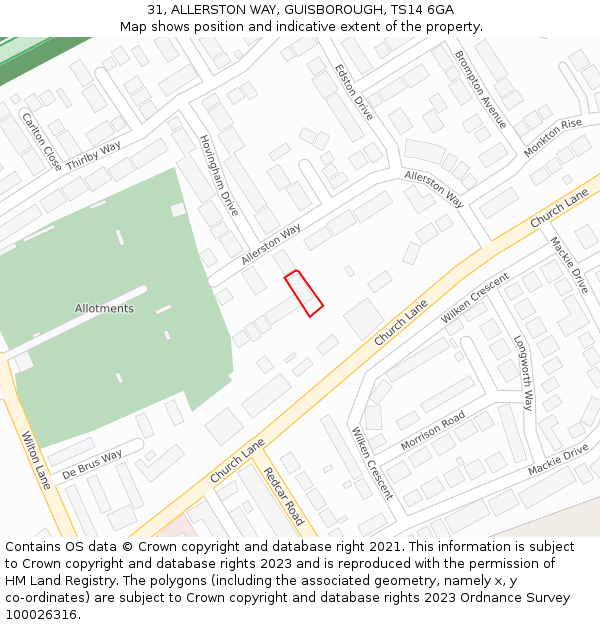 31, ALLERSTON WAY, GUISBOROUGH, TS14 6GA: Location map and indicative extent of plot