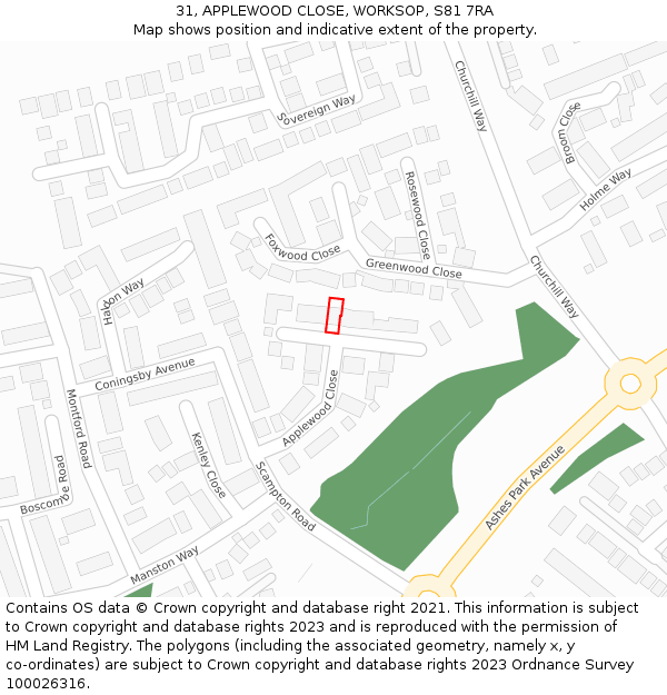 31, APPLEWOOD CLOSE, WORKSOP, S81 7RA: Location map and indicative extent of plot