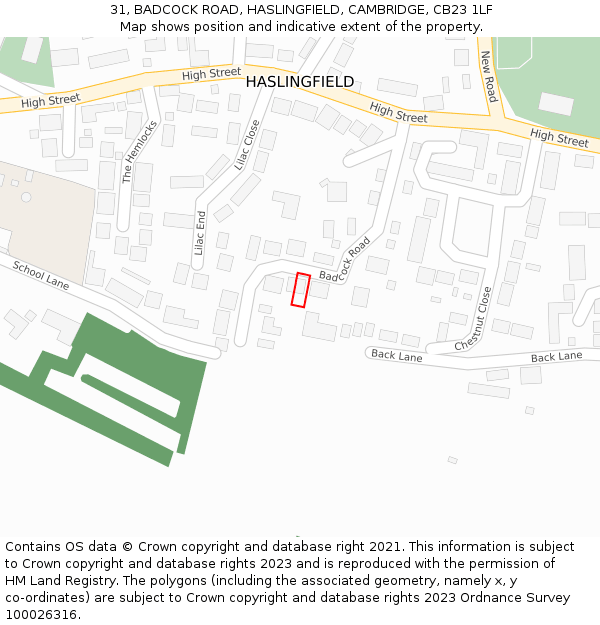 31, BADCOCK ROAD, HASLINGFIELD, CAMBRIDGE, CB23 1LF: Location map and indicative extent of plot