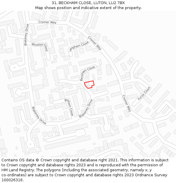 31, BECKHAM CLOSE, LUTON, LU2 7BX: Location map and indicative extent of plot