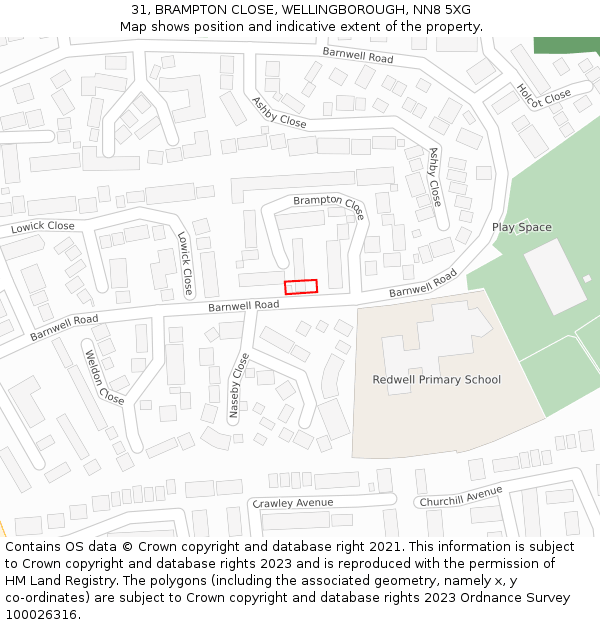 31, BRAMPTON CLOSE, WELLINGBOROUGH, NN8 5XG: Location map and indicative extent of plot