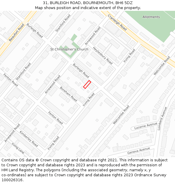 31, BURLEIGH ROAD, BOURNEMOUTH, BH6 5DZ: Location map and indicative extent of plot