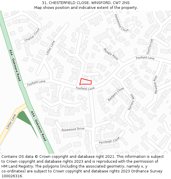 31, CHESTERFIELD CLOSE, WINSFORD, CW7 2NS: Location map and indicative extent of plot