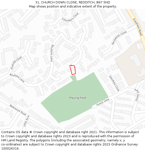 31, CHURCH DOWN CLOSE, REDDITCH, B97 5ND: Location map and indicative extent of plot