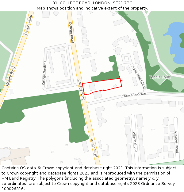 31, COLLEGE ROAD, LONDON, SE21 7BG: Location map and indicative extent of plot