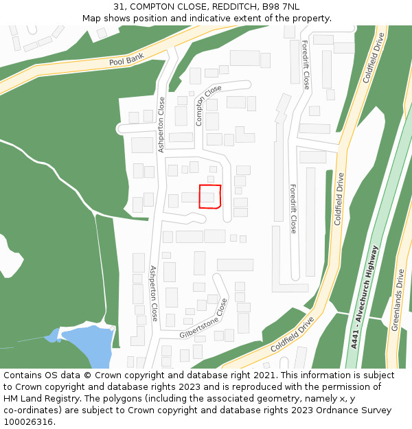 31, COMPTON CLOSE, REDDITCH, B98 7NL: Location map and indicative extent of plot