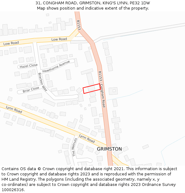 31, CONGHAM ROAD, GRIMSTON, KING'S LYNN, PE32 1DW: Location map and indicative extent of plot