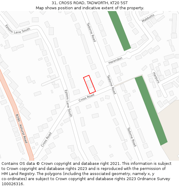 31, CROSS ROAD, TADWORTH, KT20 5ST: Location map and indicative extent of plot