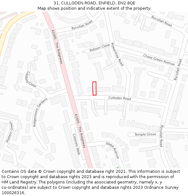 31, CULLODEN ROAD, ENFIELD, EN2 8QE: Location map and indicative extent of plot