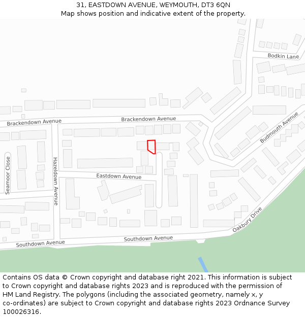 31, EASTDOWN AVENUE, WEYMOUTH, DT3 6QN: Location map and indicative extent of plot