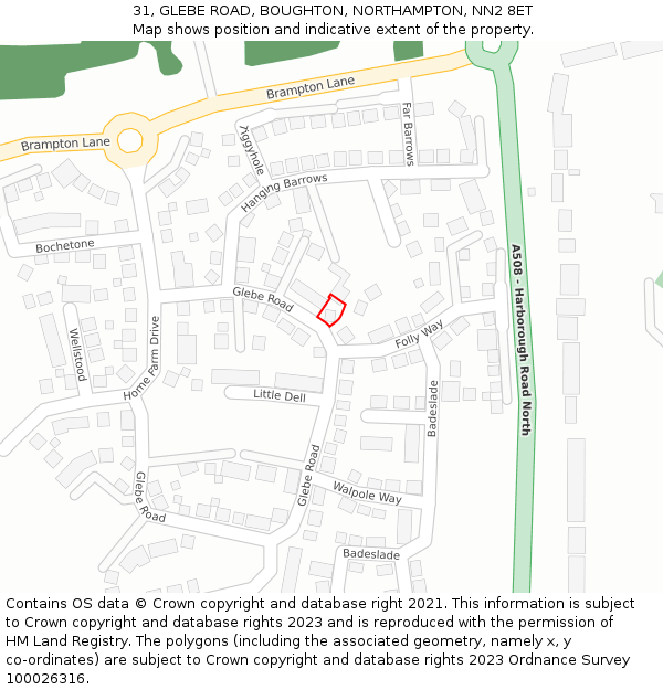 31, GLEBE ROAD, BOUGHTON, NORTHAMPTON, NN2 8ET: Location map and indicative extent of plot