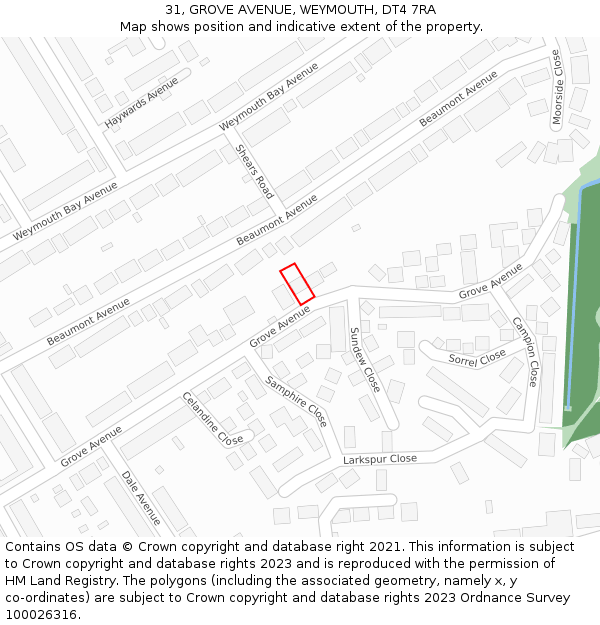 31, GROVE AVENUE, WEYMOUTH, DT4 7RA: Location map and indicative extent of plot