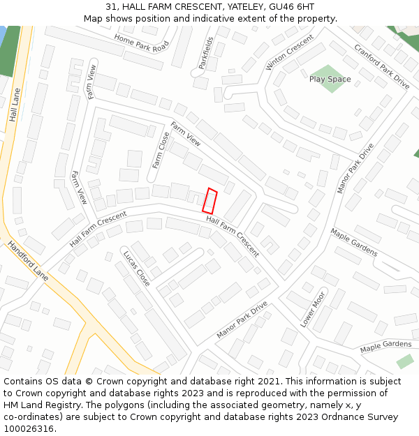 31, HALL FARM CRESCENT, YATELEY, GU46 6HT: Location map and indicative extent of plot