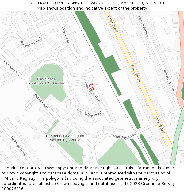 31, HIGH HAZEL DRIVE, MANSFIELD WOODHOUSE, MANSFIELD, NG19 7GF: Location map and indicative extent of plot