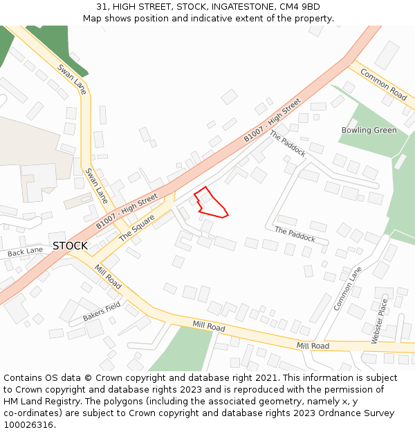 31, HIGH STREET, STOCK, INGATESTONE, CM4 9BD: Location map and indicative extent of plot