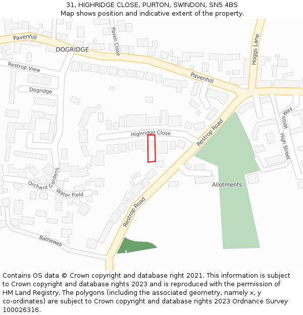 31, HIGHRIDGE CLOSE, PURTON, SWINDON, SN5 4BS: Location map and indicative extent of plot