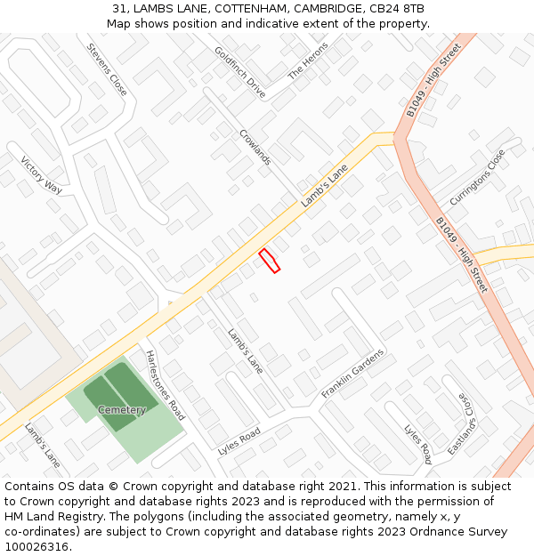 31, LAMBS LANE, COTTENHAM, CAMBRIDGE, CB24 8TB: Location map and indicative extent of plot