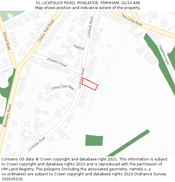 31, LICKFOLDS ROAD, ROWLEDGE, FARNHAM, GU10 4AE: Location map and indicative extent of plot