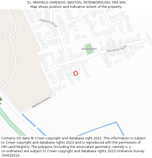 31, MAYFIELD GARDENS, BASTON, PETERBOROUGH, PE6 9AX: Location map and indicative extent of plot