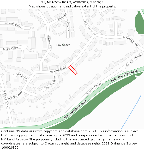 31, MEADOW ROAD, WORKSOP, S80 3QE: Location map and indicative extent of plot