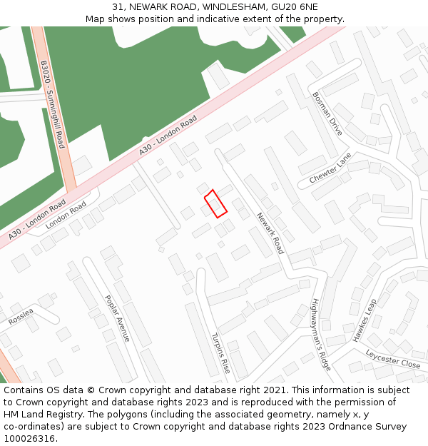 31, NEWARK ROAD, WINDLESHAM, GU20 6NE: Location map and indicative extent of plot