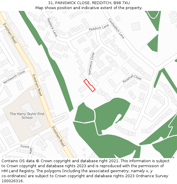 31, PAINSWICK CLOSE, REDDITCH, B98 7XU: Location map and indicative extent of plot