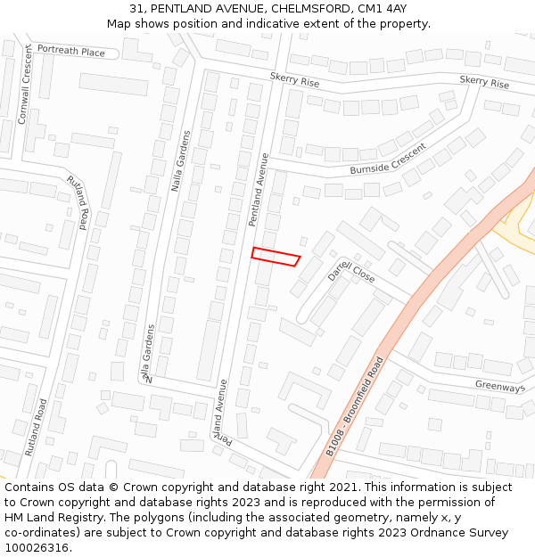 31, PENTLAND AVENUE, CHELMSFORD, CM1 4AY: Location map and indicative extent of plot