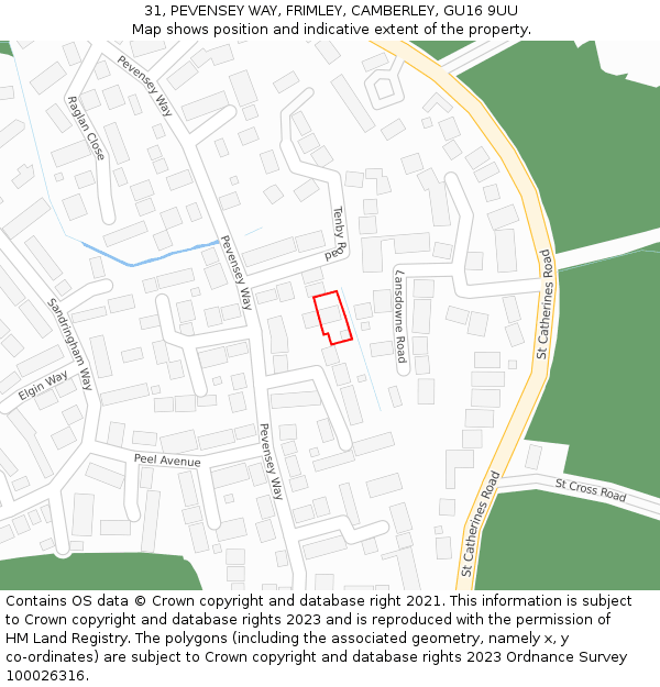 31, PEVENSEY WAY, FRIMLEY, CAMBERLEY, GU16 9UU: Location map and indicative extent of plot