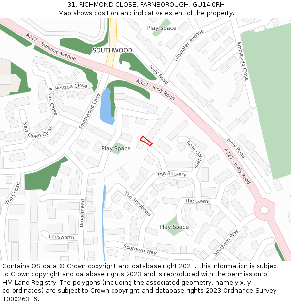 31, RICHMOND CLOSE, FARNBOROUGH, GU14 0RH: Location map and indicative extent of plot