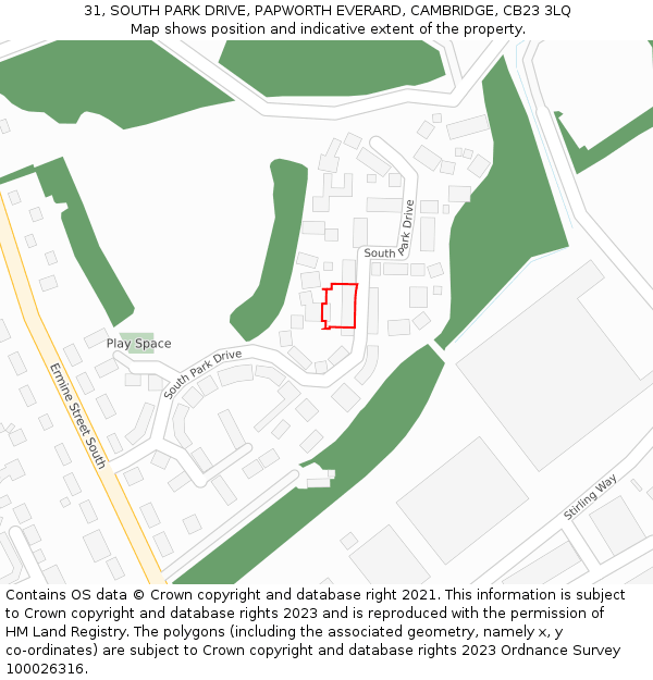 31, SOUTH PARK DRIVE, PAPWORTH EVERARD, CAMBRIDGE, CB23 3LQ: Location map and indicative extent of plot