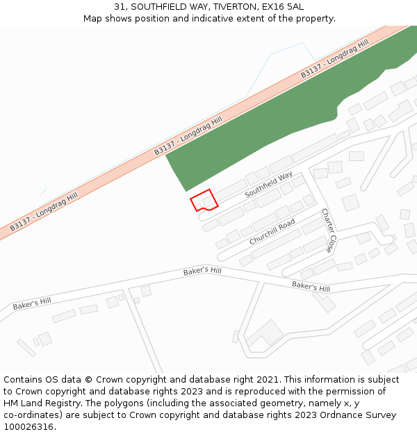 31, SOUTHFIELD WAY, TIVERTON, EX16 5AL: Location map and indicative extent of plot