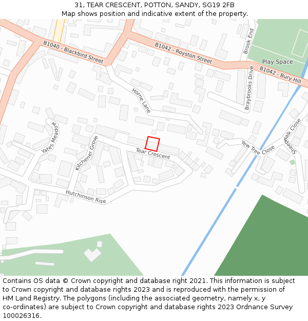 31, TEAR CRESCENT, POTTON, SANDY, SG19 2FB: Location map and indicative extent of plot