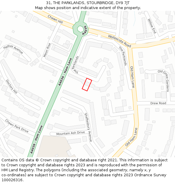 31, THE PARKLANDS, STOURBRIDGE, DY9 7JT: Location map and indicative extent of plot