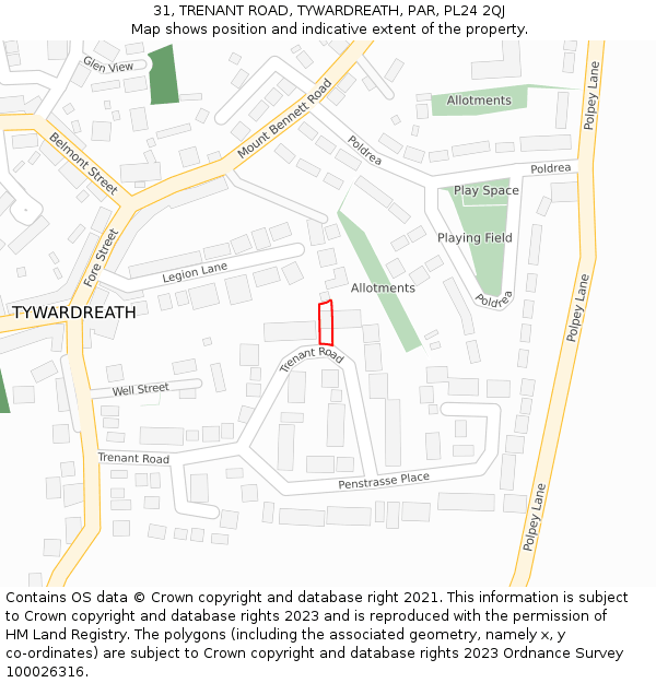 31, TRENANT ROAD, TYWARDREATH, PAR, PL24 2QJ: Location map and indicative extent of plot