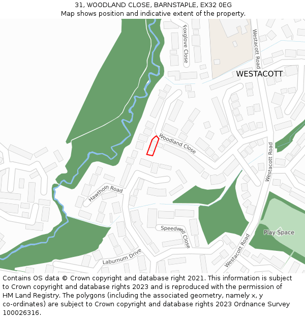 31, WOODLAND CLOSE, BARNSTAPLE, EX32 0EG: Location map and indicative extent of plot