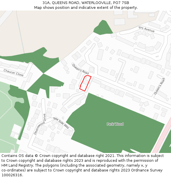 31A, QUEENS ROAD, WATERLOOVILLE, PO7 7SB: Location map and indicative extent of plot