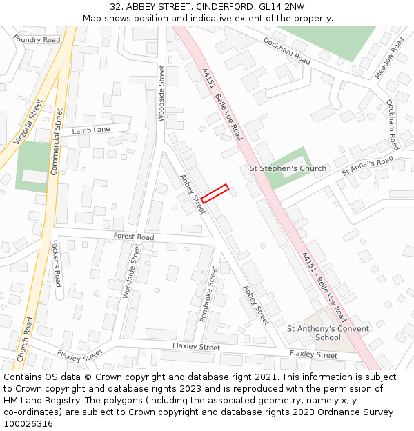 32, ABBEY STREET, CINDERFORD, GL14 2NW: Location map and indicative extent of plot