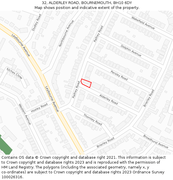32, ALDERLEY ROAD, BOURNEMOUTH, BH10 6DY: Location map and indicative extent of plot