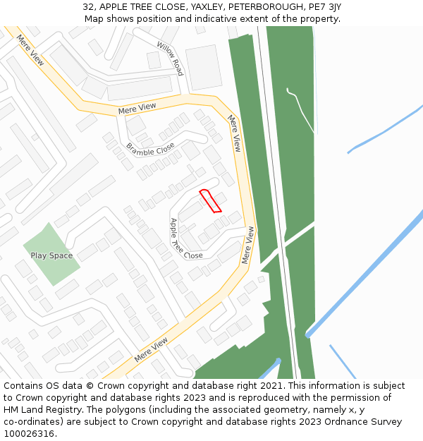 32, APPLE TREE CLOSE, YAXLEY, PETERBOROUGH, PE7 3JY: Location map and indicative extent of plot