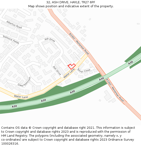 32, ASH DRIVE, HAYLE, TR27 6PF: Location map and indicative extent of plot