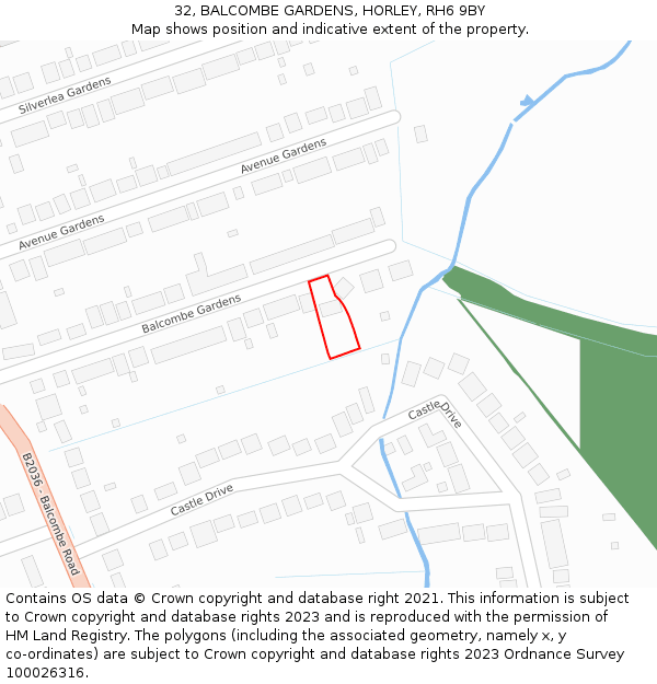 32, BALCOMBE GARDENS, HORLEY, RH6 9BY: Location map and indicative extent of plot