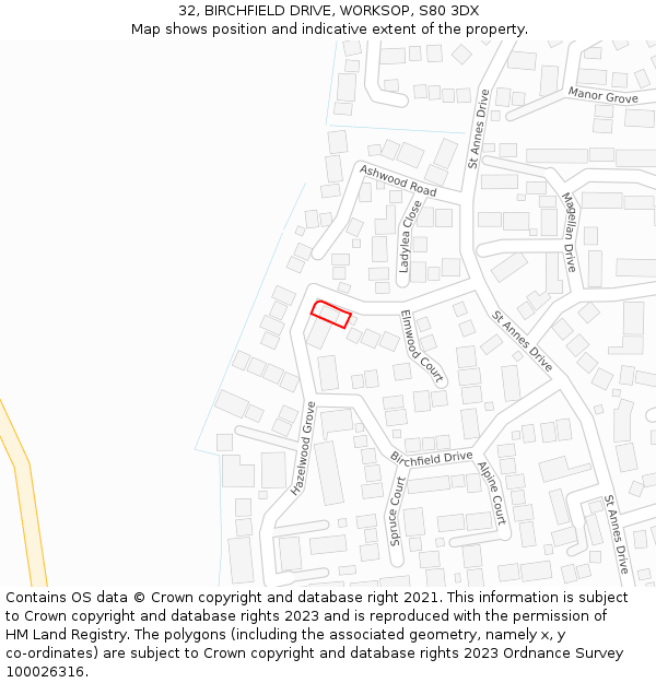 32, BIRCHFIELD DRIVE, WORKSOP, S80 3DX: Location map and indicative extent of plot