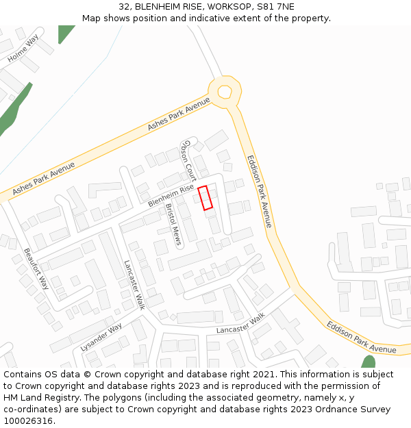 32, BLENHEIM RISE, WORKSOP, S81 7NE: Location map and indicative extent of plot