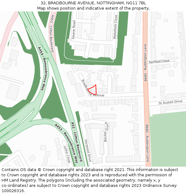 32, BRADBOURNE AVENUE, NOTTINGHAM, NG11 7BL: Location map and indicative extent of plot