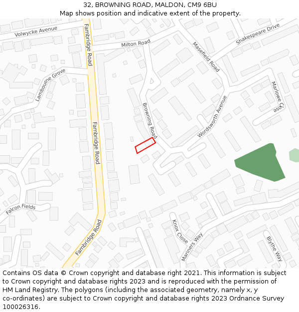 32, BROWNING ROAD, MALDON, CM9 6BU: Location map and indicative extent of plot