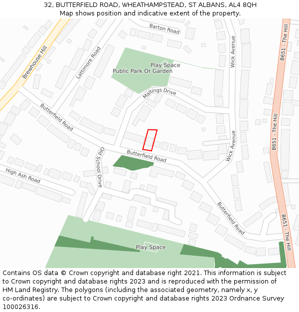 32, BUTTERFIELD ROAD, WHEATHAMPSTEAD, ST ALBANS, AL4 8QH: Location map and indicative extent of plot