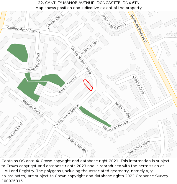 32, CANTLEY MANOR AVENUE, DONCASTER, DN4 6TN: Location map and indicative extent of plot